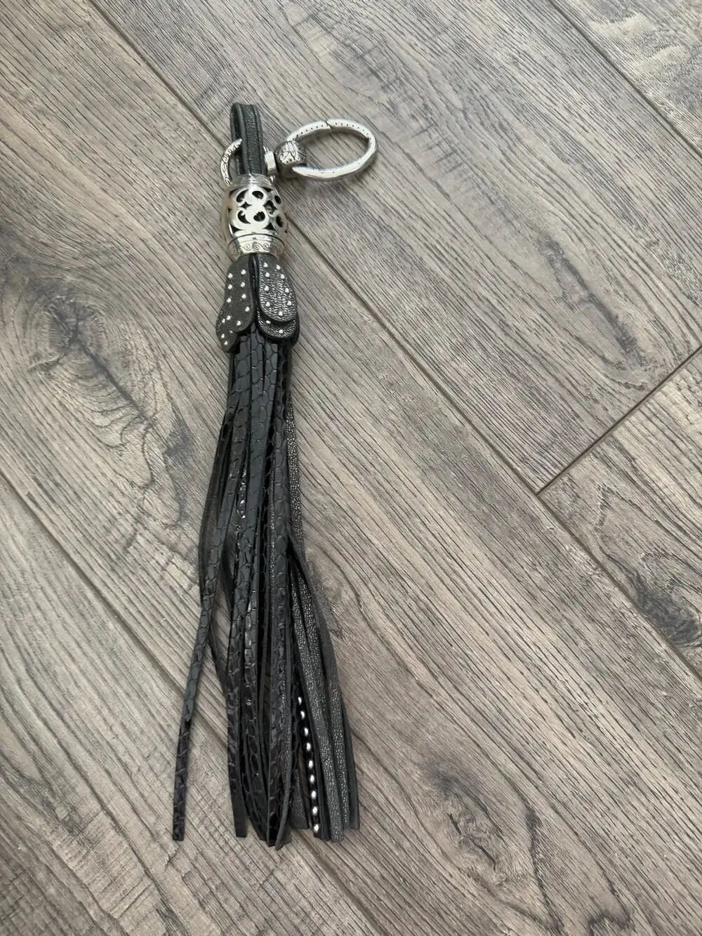Key Chain Black Embossed Leather Braided Tasseled Silver-Tone Metal Turtle Charm